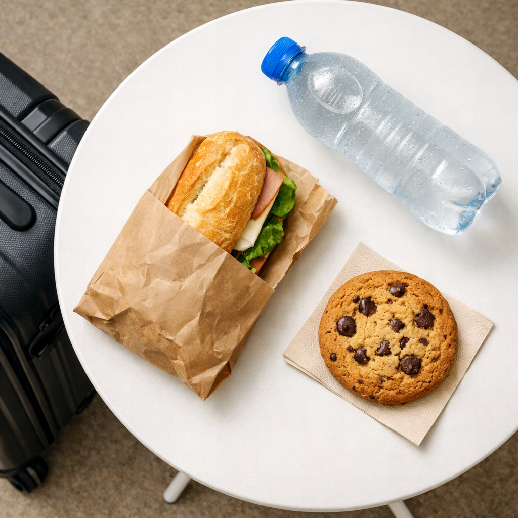 Table de déjeuner snacking : sandwich, cookie et bouteille d'eau et valise sur le côté